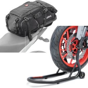 Set: Sac à dos moto HX5 imperméable 45Ltr avec porte-casque Bagtecs avec Béquille roue avant Front Fork noir mat