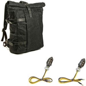 Set: Sac à dos moto Canvas VR2 Vintage 20Ltr Retro noir Craftride avec Clignotants moto LED KP8 2 pièces teinté