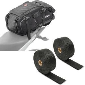 Set: Motorrad Rucksack HX5 Hecktasche wasserdicht 45Ltr mit Helmhalterung Bagtecs mit Hitzeschutzband Auspuffband sw 15m