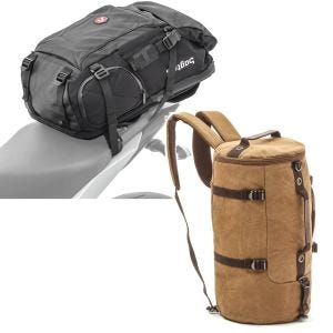 Set: Motorrad Rucksack HX5 wasserdicht 45Ltr mit Helmhalterung Bagtecs mit Rucksack Canvas VG8 Vintage 35Ltr braun