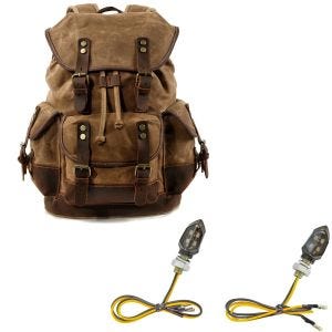 Set: Sac à dos moto Canvas RG8 Vintage 20Ltr Retro marron Craftride avec Clignotants moto LED KP8 2 pièces teinté