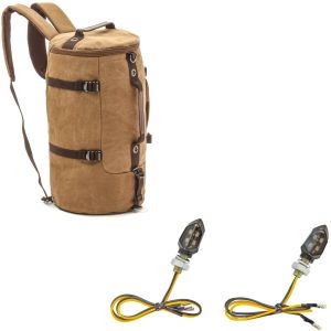Set: Sac à dos moto Canvas VG8 35Ltr Retro marron Craftride avec Clignotants moto LED KP8 2 pièces teinté