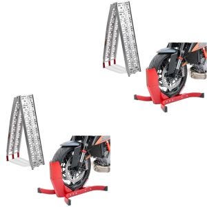 2x Set: Auffahrrampe bis 340 kg Alu-I klappbar + Motorradwippe Easy-Plus Motorradständer bis 21 Zoll rot