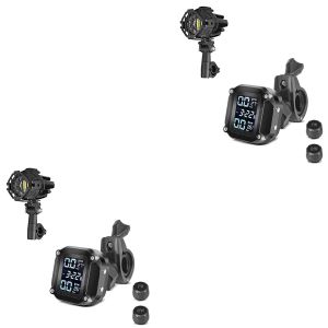 2x Set: Motorrad LED Zusatzscheinwerfer mit Sturzbügel Halter und Schutzgitter Lumitecs S22X + Reifendruckkontrollsystem RDKS mit Temperaturmesser Tourtecs Reifendruckprüfer digital