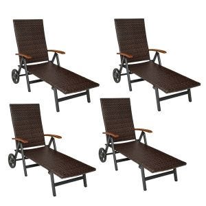 4er-Set Gartenliege klappbar Divit RB71 Sonnenliege auf Rollen Aluminium Polyrattan verstellbar schwarz