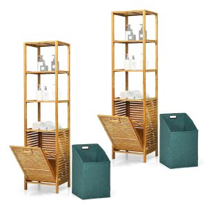 2x étagères en bambou avec panier à linge Armoire haute de salle de bain Divit BW1