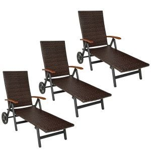 3er-Set Gartenliege klappbar Divit RB71 Sonnenliege auf Rollen Aluminium Polyrattan verstellbar schwarz