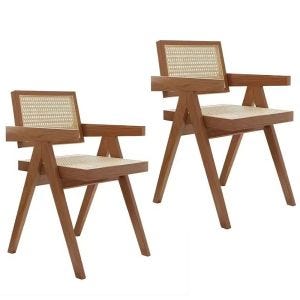 2x Esszimmerstuhl Rattanstuhl Holz Sitzhöhe 47 cm RI29 braun weiß