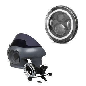 Frontmaske mit Windschild und Scheinwerferhalterung passend für Harley Davidson Dyna 06-17 Craftride unlackiert + LED Scheinwerfer 7" mit E-Prüfzeichen DRL FS7 schwarz