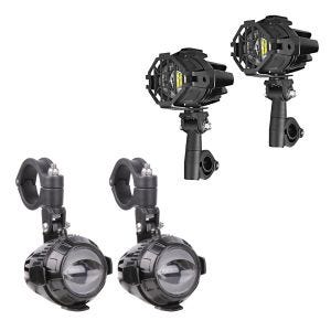 LED Zusatzscheinwerfer mit Sturzbügel Halterung Lumitecs MS1 ECE 12V inkl. Kabelbaum Paar + 2x LED Nebelscheinwerfer mit Sturzbügel Halter und Schutzgitter S22X