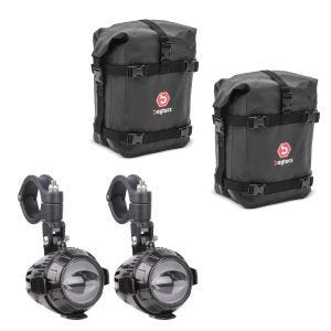 LED Zusatzscheinwerfer mit Sturzbügel Halterung Lumitecs MS1 Nebelscheinwerfer ECE 12V inkl. Kabelbaum Paar + 2x Sturzbügeltasche K4 wasserdicht 10 Liter