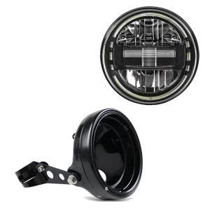 Phare LED 7" compatible avec Harley avec E-mark DRL Craftride noir KK1 + Boîtier de phare LED moto 7" Universel + supports de fourche 35-43mm