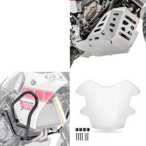 Sabot de protection moteur compatible avec Yamaha Tenere 700 21-24 Aluminium SK2 argent Motoguard + Pare carter garde moteur MK12 noir + Phare Protection Protège Feux SS17
