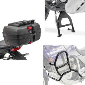 Sturzbügel passend für Honda Transalp XL 600 V 87-99 Motoguard MK17 + Motorrad Topcase DK45 Universal 45 Liter mit Gepäckgrill + Hauptständer Mittelständer in schwarz mit ABE