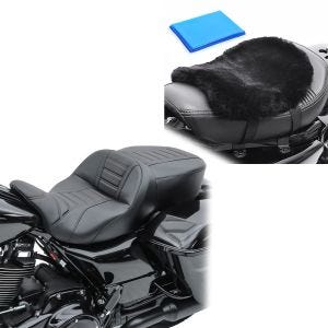 Set:  Motorrad Sitzbank Craftride TG23 Sitz passend für Harley Davidson Touring 97-07 schwarz +  Sitzkissen mit Gelpad LG14 Lammfell 32 x 27 cm