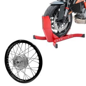 Set: Bas de caisse moto ConStands Easy-Plus béquille moto jusqu'à 21 pouces rouge + jante aluminium 1,6x16 adaptable à Simson S51 S50 S70 Schwalbe KR51 AF28 noir