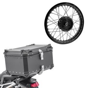 Set: top case aluminium Bagtecs XB65 65 L noir + jante 1,85x16 large adaptable à Simson S51 S50 S70 Schwalbe KR51 AF21 noir