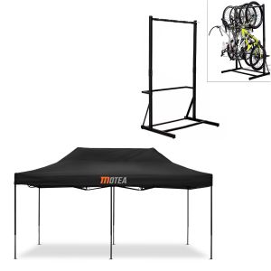 Set: Tente de course 3x6m pliable Tourtecs pour le circuit MOTEA noir + support vélo sur pied pour 5 vélos acierRI98