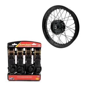 Set: Felge 2,15x16 breit passend für Simson S51 S50 S70 Schwalbe KR51 AF22 schwarz + Spanngurt Set mit Ratsche und Haken inkl 4x Zurrschlaufe in schwarz