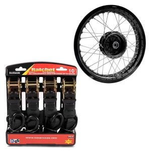 Set: Felge 2,5x16 breit passend für Simson S51 S50 S70 Schwalbe KR51 AF23 schwarz + Spanngurt Set mit Ratsche und Haken inkl 4x Zurrschlaufe in schwarz