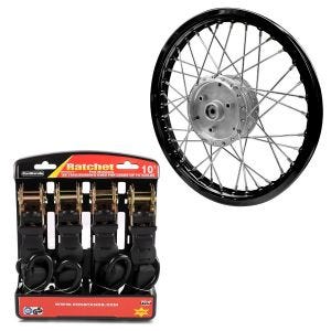Set: Speichenrad Felge Alu 1,6x16 passend für Simson S51 S50 S70 Schwalbe KR51 AF28 schwarz + Spanngurt Set mit Ratsche und Haken inkl 4x Zurrschlaufe in schwarz