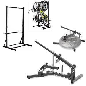 Set: Support vélo sur pied pour 5 vélos acier RI98 + démonte-pneu adapté pour pneus moto 12-21" MD4