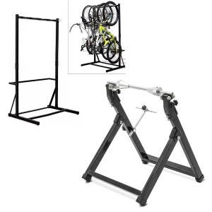 Set : support à vélo sur pied pour 5 vélos en acier RI98 + support d'équilibrage WU-2 dispositif d'équilibrage noir