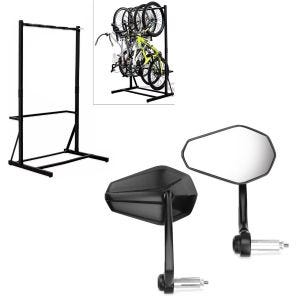 Set: Support pour vélo sur pied pour 5 vélos, acier RI98 + rétroviseur de guidon avec label E, paire de rétroviseurs SP6