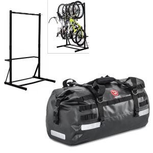 Set: support à vélo sur pied pour 5 vélos acier RI98 + sacoche de selle Drybag XB50 volume 50l