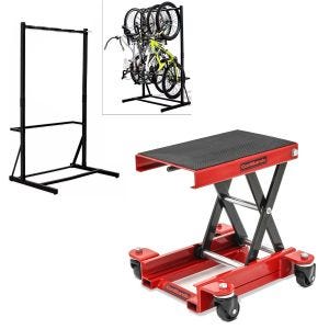 Set: support à vélo sur pied pour 5 vélos acier RI98 + plateforme élévatrice aide à la manœuvre HR1 rouge