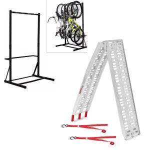 Set : support à vélo sur pied pour 5 vélos acier RI98 + rampe d'accès jusqu'à 340 kg Alu-I pliable