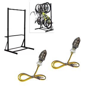 Set: support à vélo sur pied pour 5 vélos, acier RI98 + clignotants LED KP8 avec marquage E, 2 pièces teintées avant et arrière