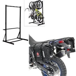 Set: Support vélo sur pied pour 5 vélos acier RI98 + sacoches de selle WP8 2x30L fermeture à rouleau poche latérale