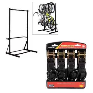 Set : support à vélo autonome pour 5 vélos, acier RI98 + jeu de sangles de tension avec cliquet et crochet avec 4x boucles d'arrimage en noir