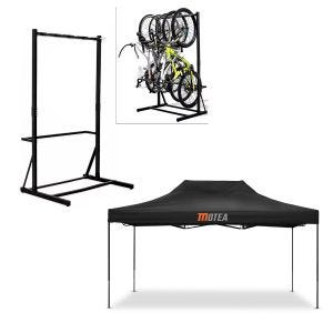 Set : support à vélo autoportant pour 5 vélos acier RI98 + tente de course 3x4,5m pliable pavillon pliant pour circuit MOTEA noir