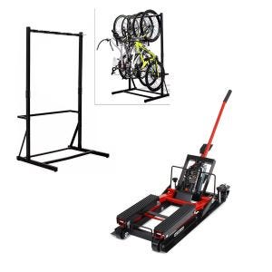 Set: Support à vélo sur pied pour 5 vélos en acier RI98 + Elévateur Mid-lift L adapté aux choppers jusqu'à 680 kg en rouge
