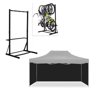 Set : support à vélo sur pied pour 5 vélos en acier RI98 + 4x pavillon parois latérales noires adapté pour tente de course pliable 3x4,5m