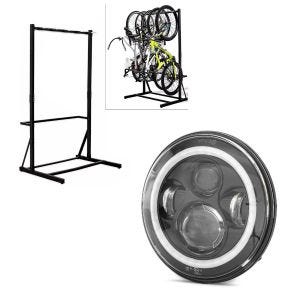 Set: Support pour vélo sur pied pour 5 vélos acier RI98 + phare LED 7" adaptable pour Harley Davidson FS7 noir