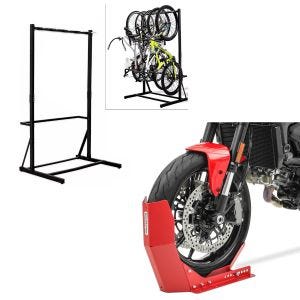 Set: support de vélo sur pied pour 5 vélos acier RI98 + béquille de transport Easy-Fix bascule moto jusqu'à 21 pouces rouge