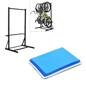 Set : support de vélo sur pied pour 5 vélos en acier RI98 + coussin de gel intégré XL adapté à la selle de moto 25x20x1,5 cm