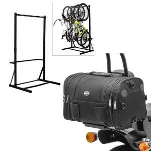 Set: râtelier à vélo sur pied pour 5 vélos acier RI98 + sacoche arrière RB1 rouleau à bagages 24-30 litres noir