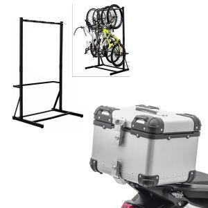 Set: Support à vélo sur pied pour 5 vélos acier RI98 + top case aluminium XS45 45 L argent