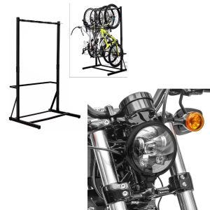 Set: Support pour vélo sur pied pour 5 vélos acier RI98 + phare LED 5,75 pouces adaptable à Harley Davidson noir