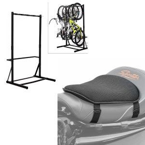 Set : support de vélo sur pied pour 5 vélos acier RI98 + coussin de selle en gel M coussin confort noir