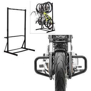 Set: Support de vélo sur pied pour 5 vélos acier RI98 + crash bar Mustache sur mesure pour Harley Davidson Softail 18-24 en noir