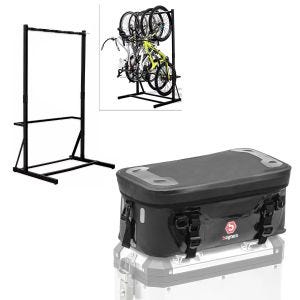 Set: support à vélo sur pied pour 5 vélos en acier RI98 + sac supplémentaire adapté à la valise en aluminium WP1
