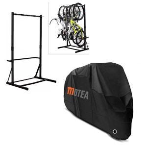 Set : support à vélo autoportant pour 5 vélos en acier RI98 + bâche BC1 XXL en noir