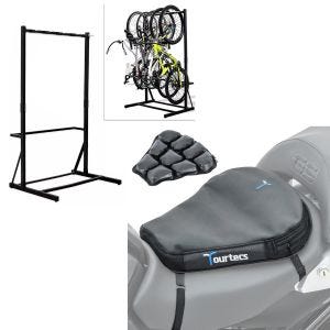 Set : support de vélo sur pied pour 5 vélos en acier RI98 + coussin d'air Air Deluxe M coussin de siège confort en noir