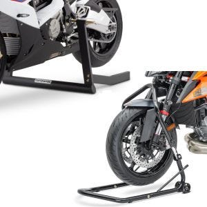 Set: Béquille sous tete de fourche Vario leve moto roue avant + Moto Béquille d'Atelier Centrale Center Pro en noir mat