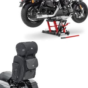 Set: Hebebühne Lift L für Harley und Chopper -680 kg rot + Sissybar Tasche SXL Hecktasche mit Gepäckrolle in schwarz_1
